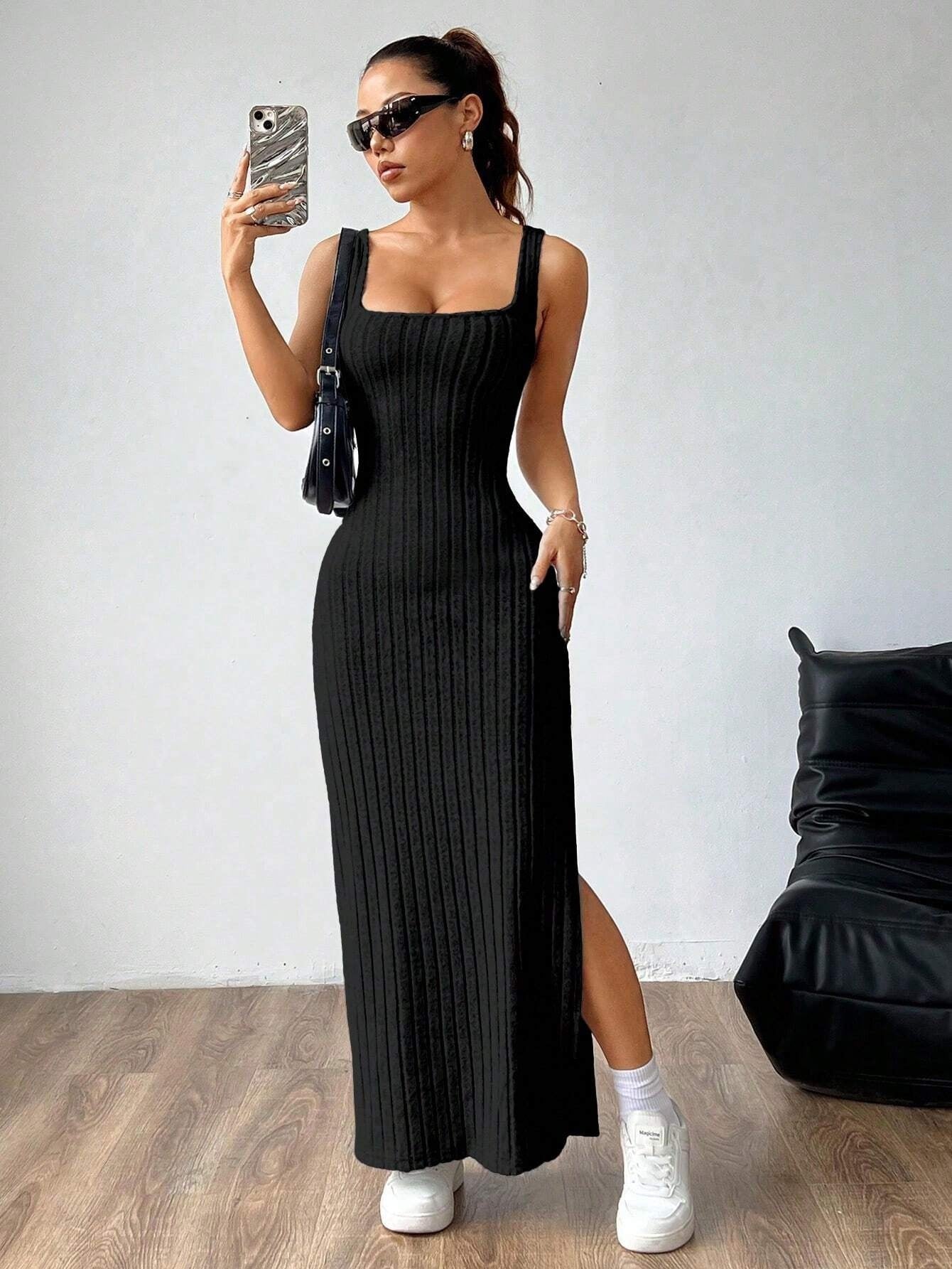 black High-waisted halter-neck slit maxi skirt