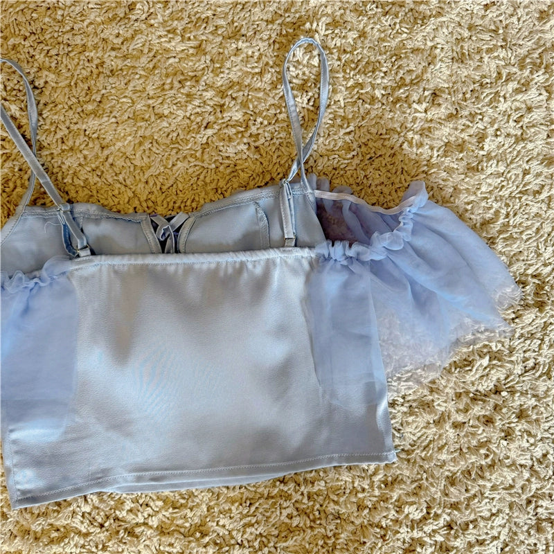 mesh splicing lace-up satin suspender top