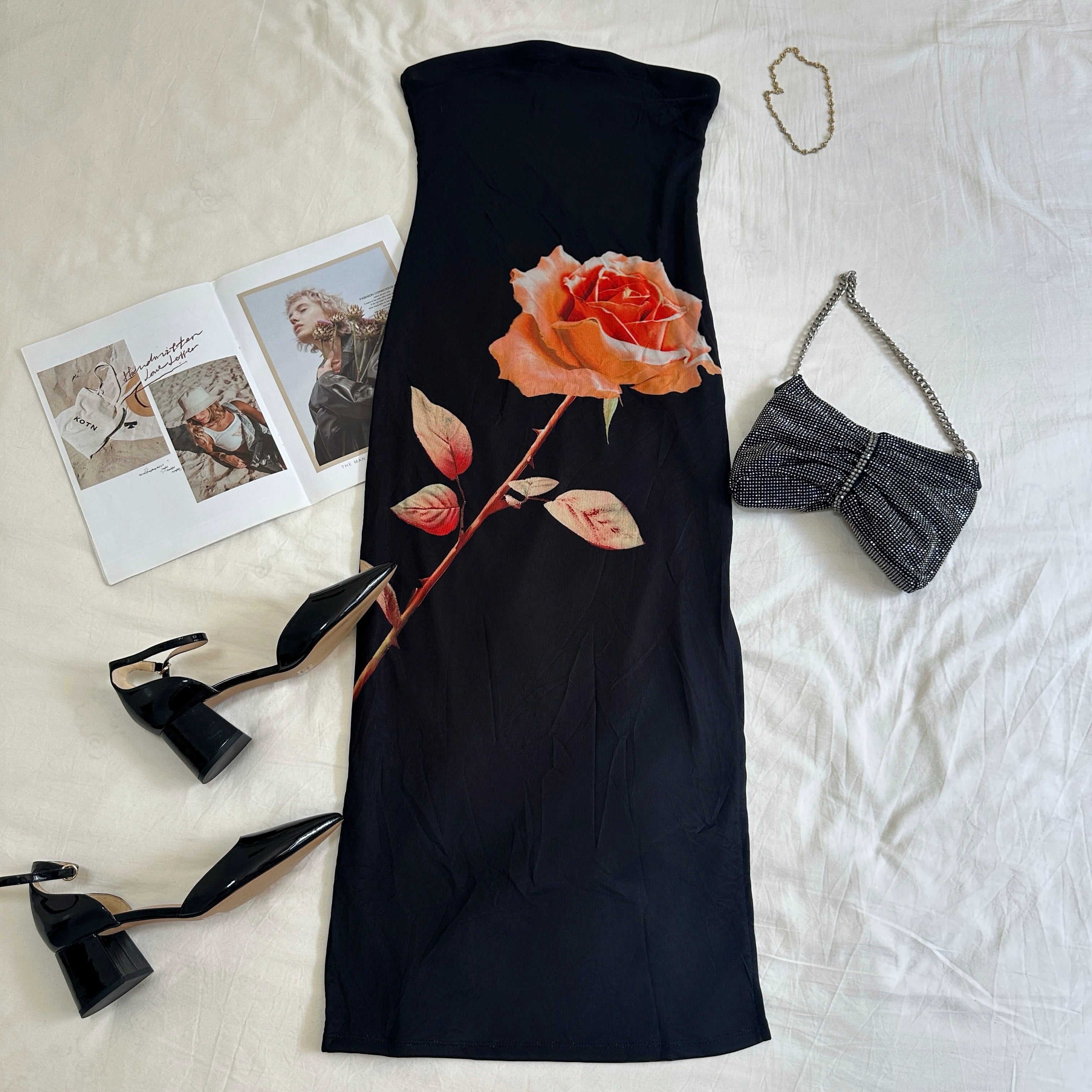 Mesh Print Slit Strapless Stretch Dress