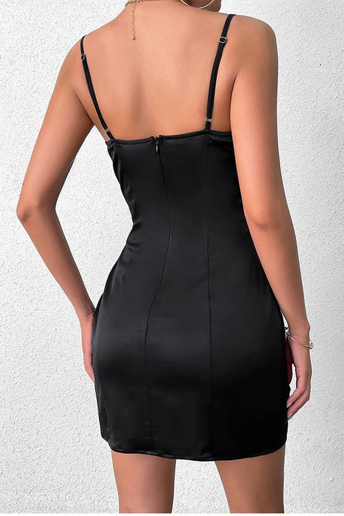 Black satin spaghetti strap mini dress
