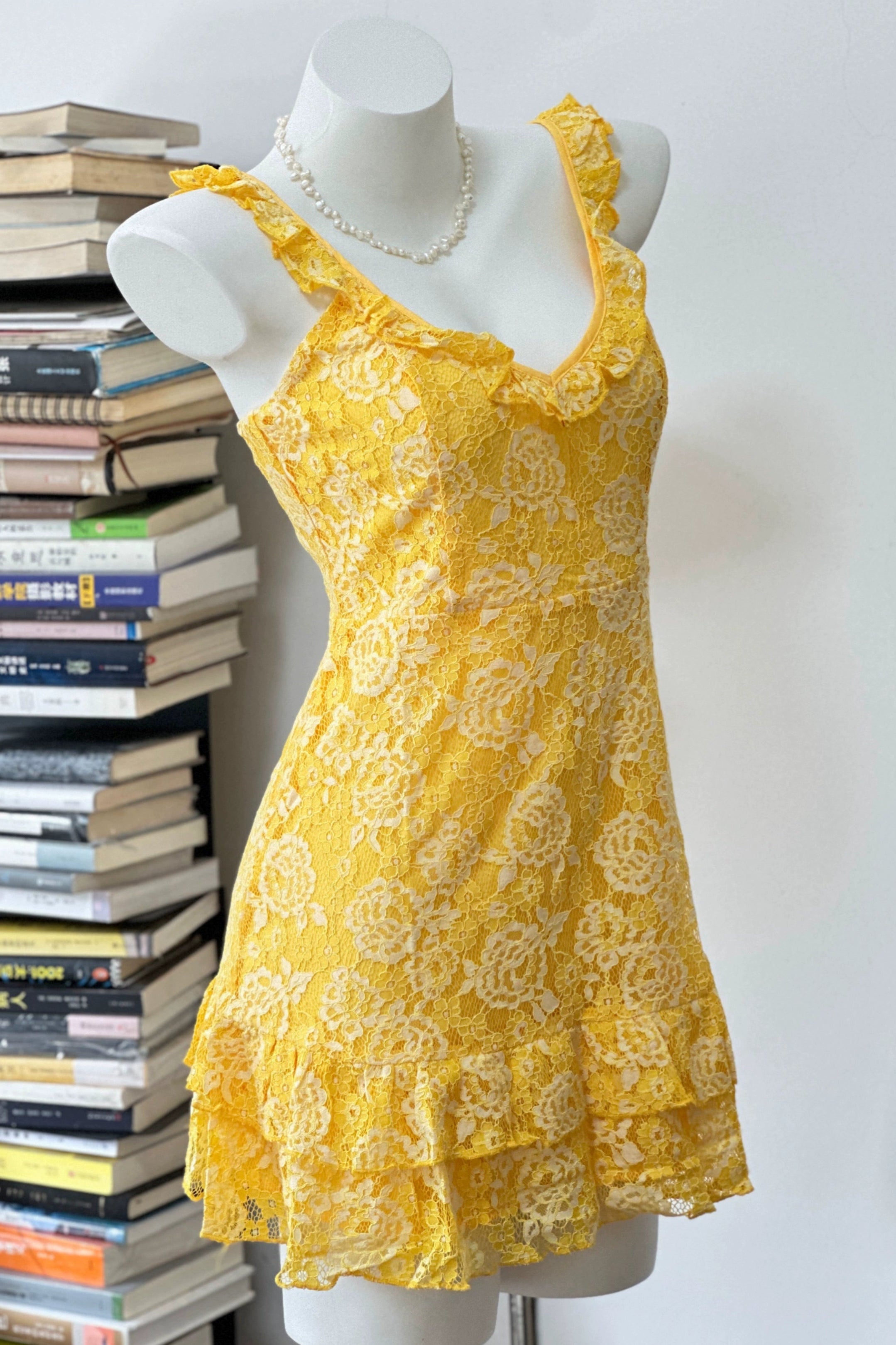 yellow suspender mini dress