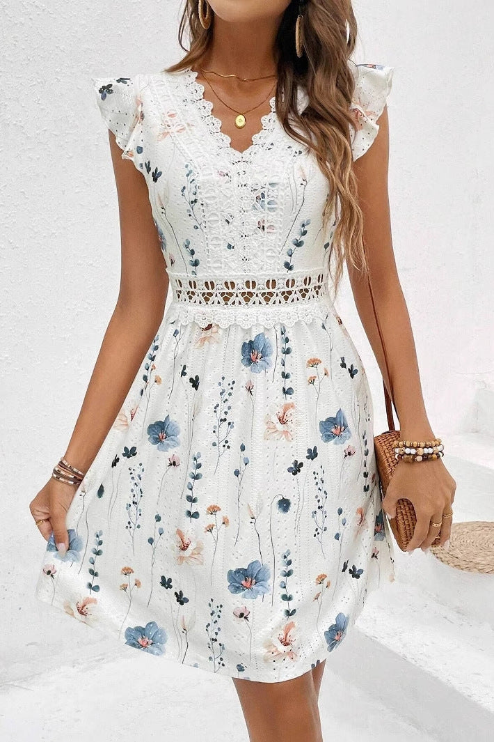 Printed V-neck lace trim mini dress