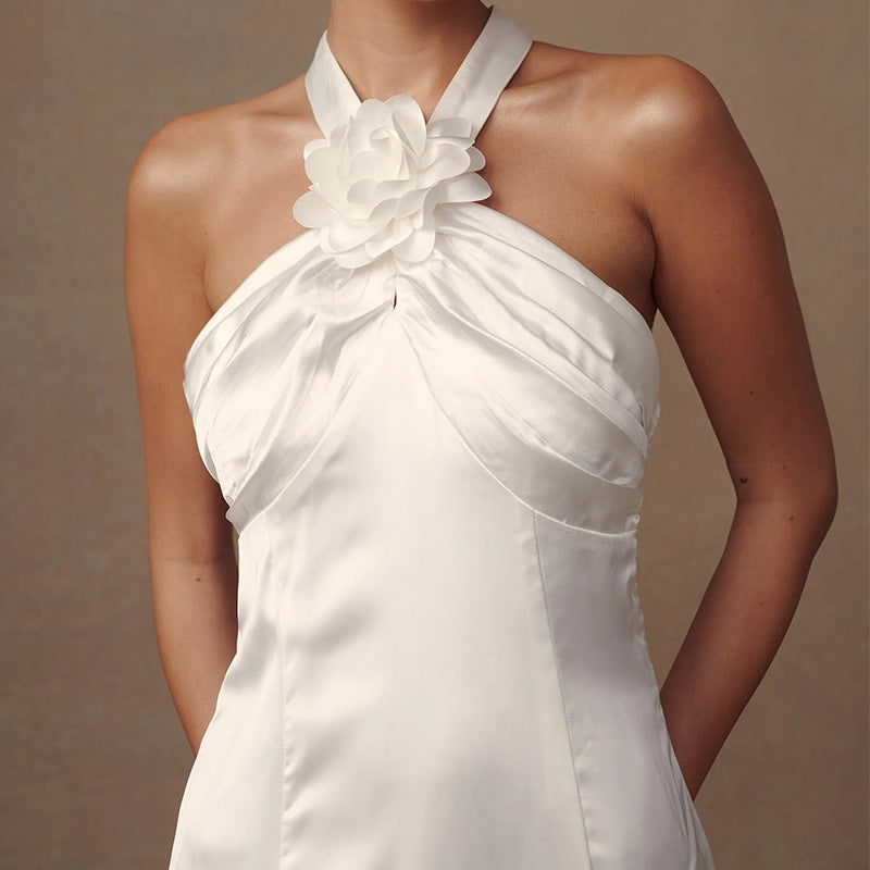 freda white Backless floral satin ice silk halter dress