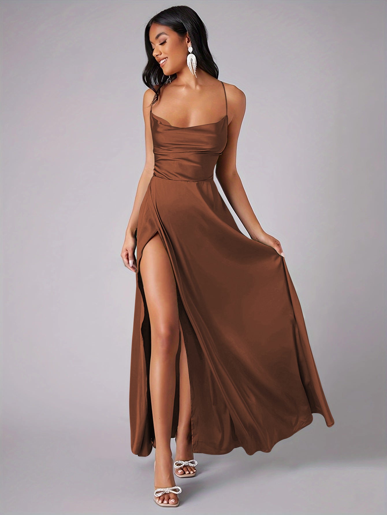 Spaghetti strap slit fitted backless dress