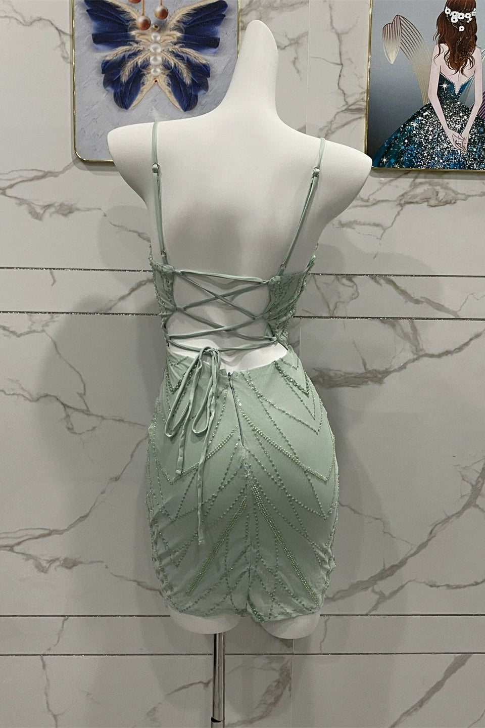 open back beaded mini dress