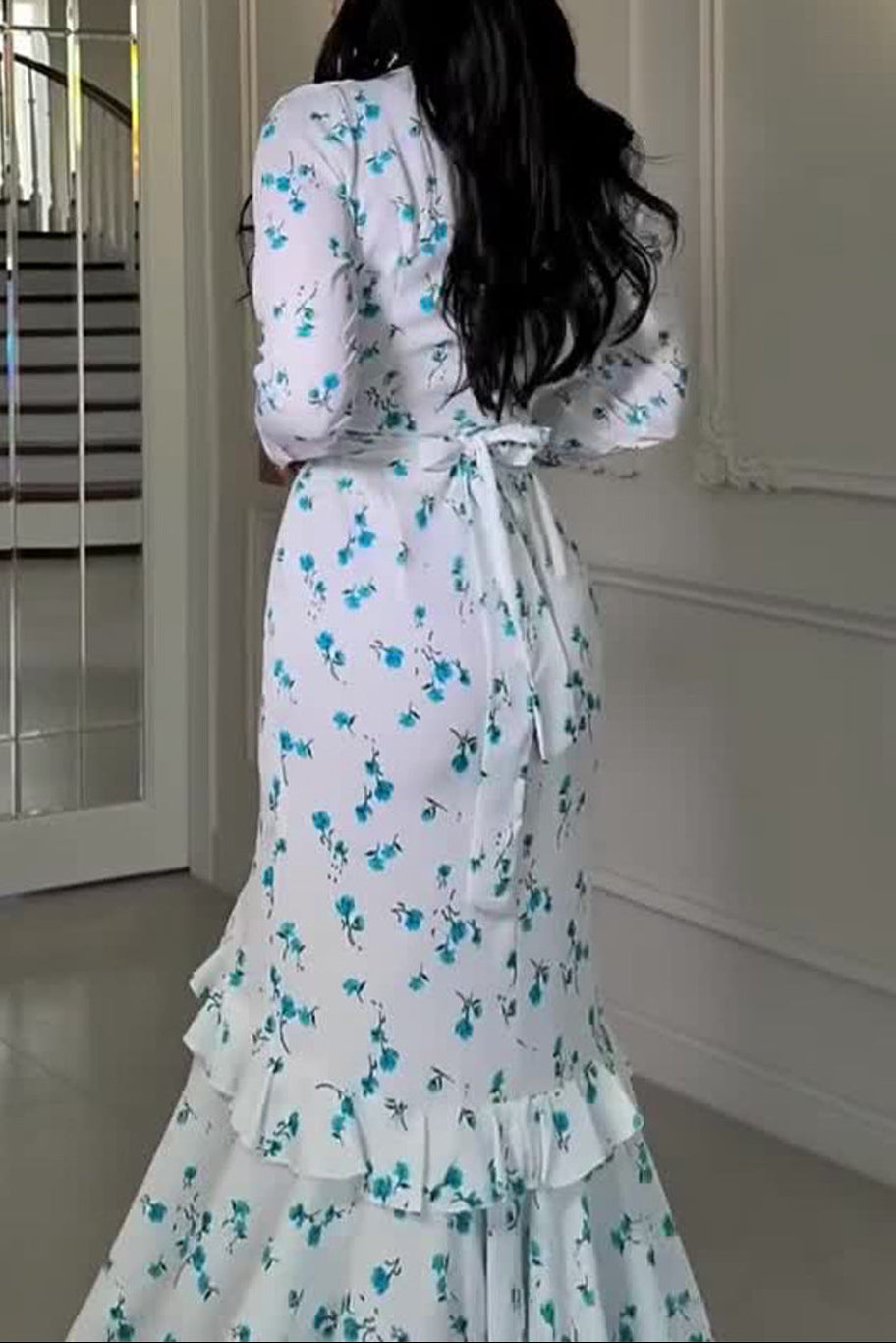 blue long sleeve Floral Ruffle maxi Dress