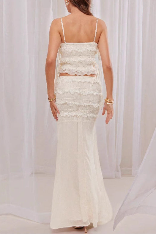 Lace-trimmed camisole top and skirt two-piece set