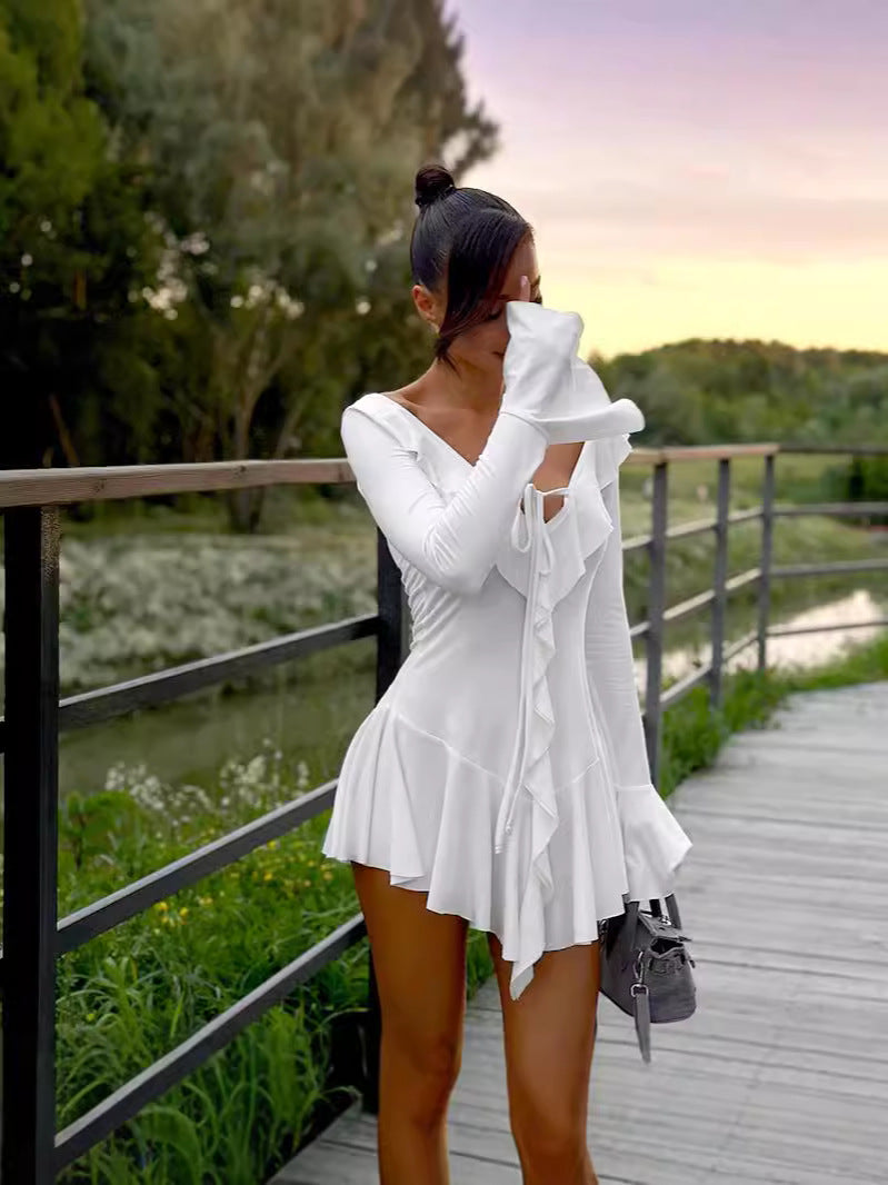 white Ruffled long-sleeved tie dress