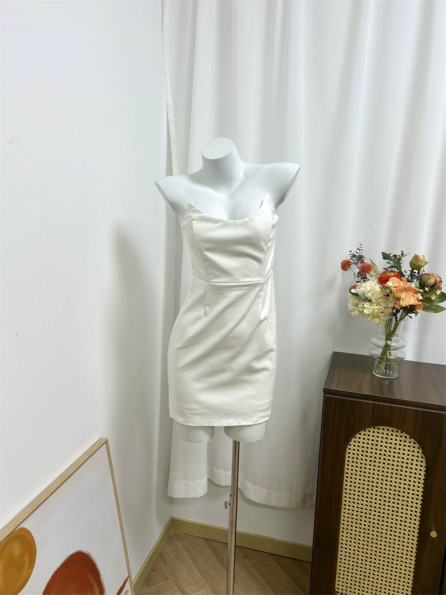 white herringbone bandeau mini dress