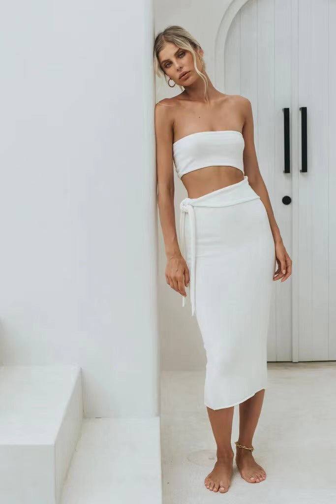 white cut-out backless bandeau lace-up knitted dress