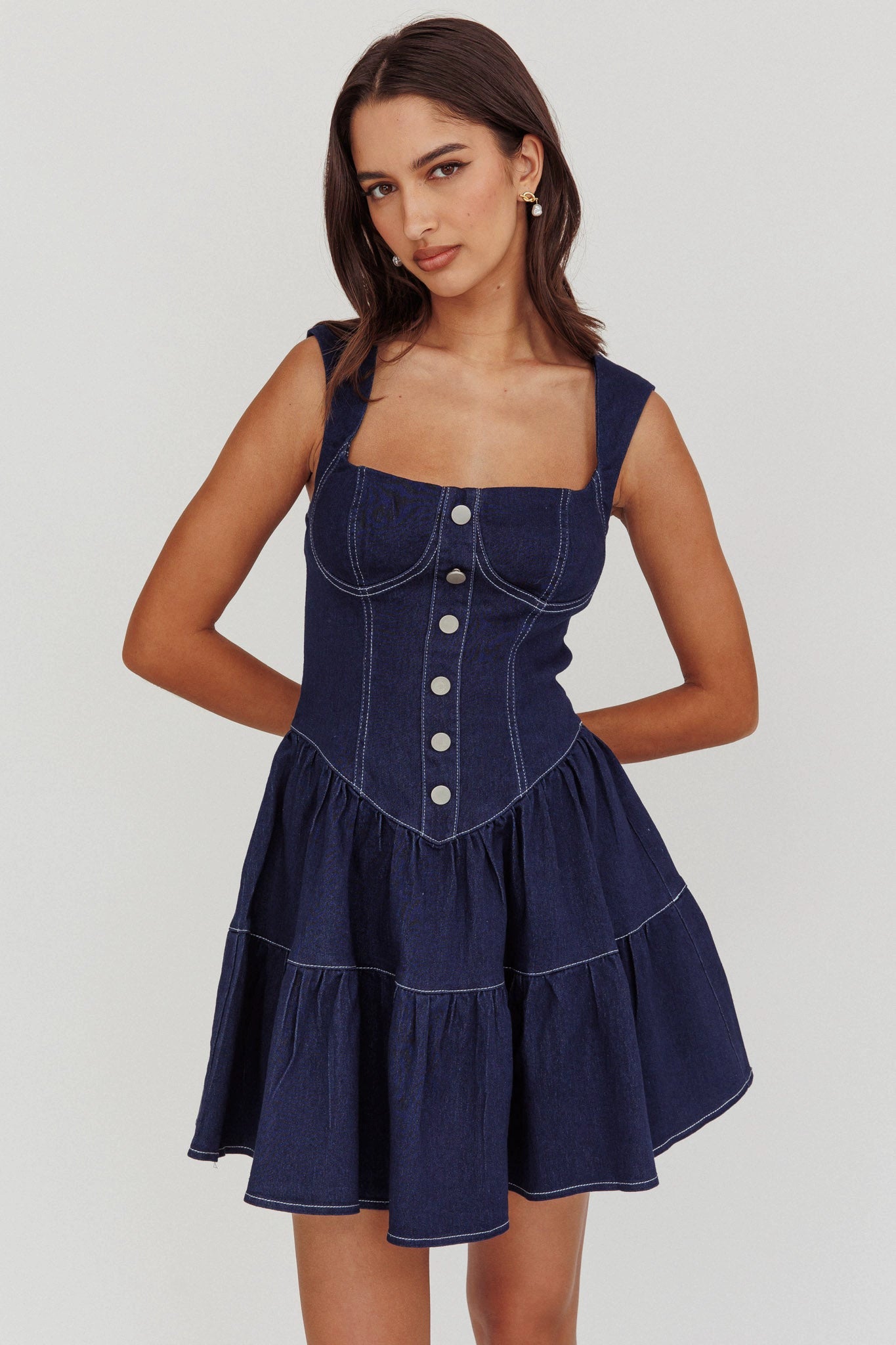 square neck corset buttoned denim waist mini dress