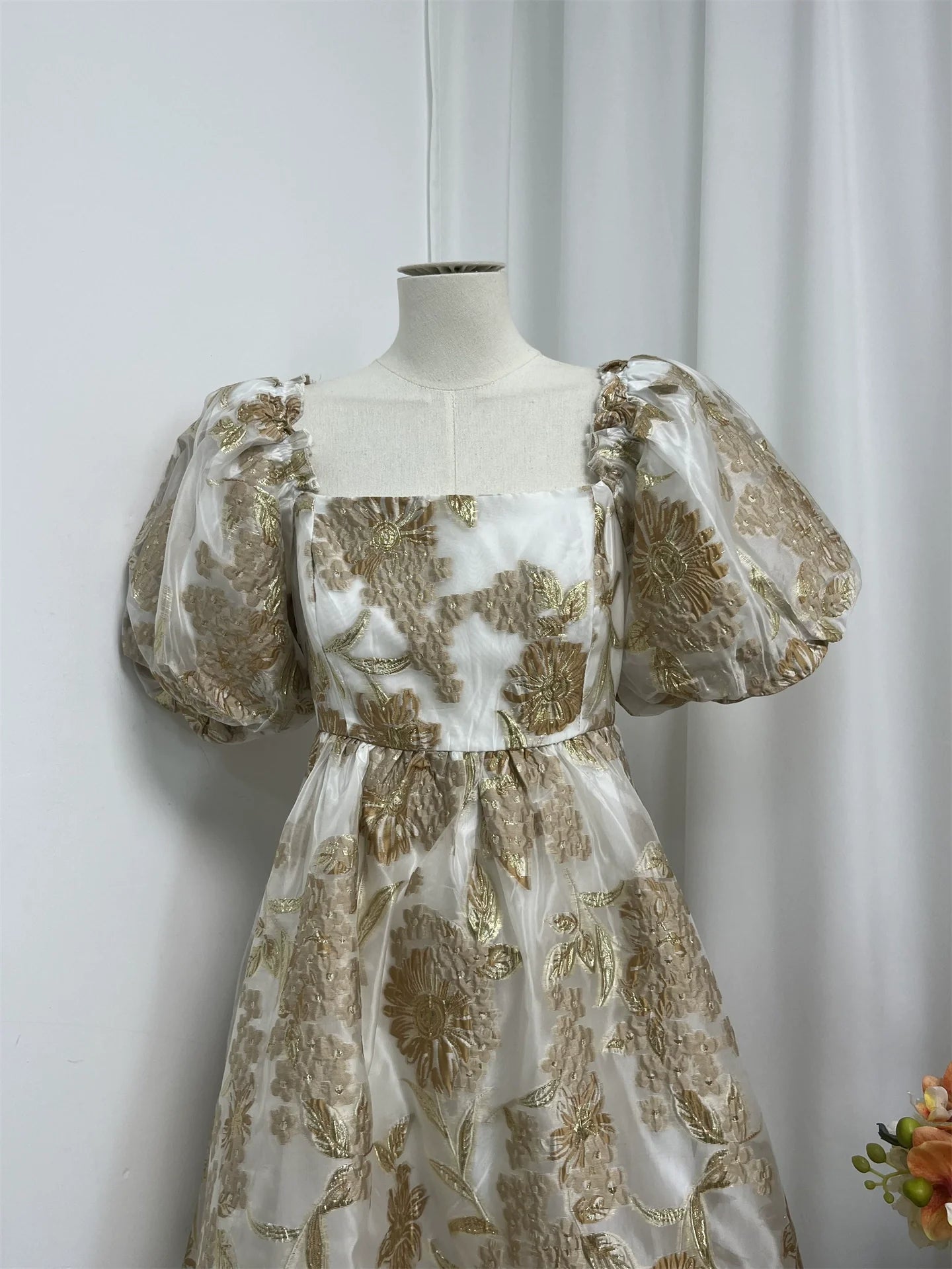 gold jacquard square neck puff sleeves puffy mini dress