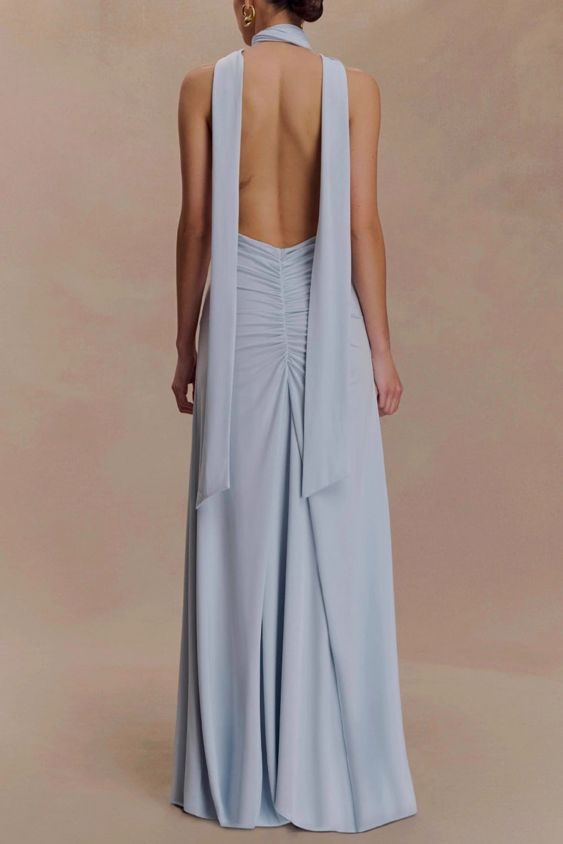 deep V-neck streamer halterneck  pleated open back dress