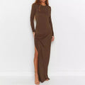 Round neck long sleeve hollowed-out backless bodycon maxi dress