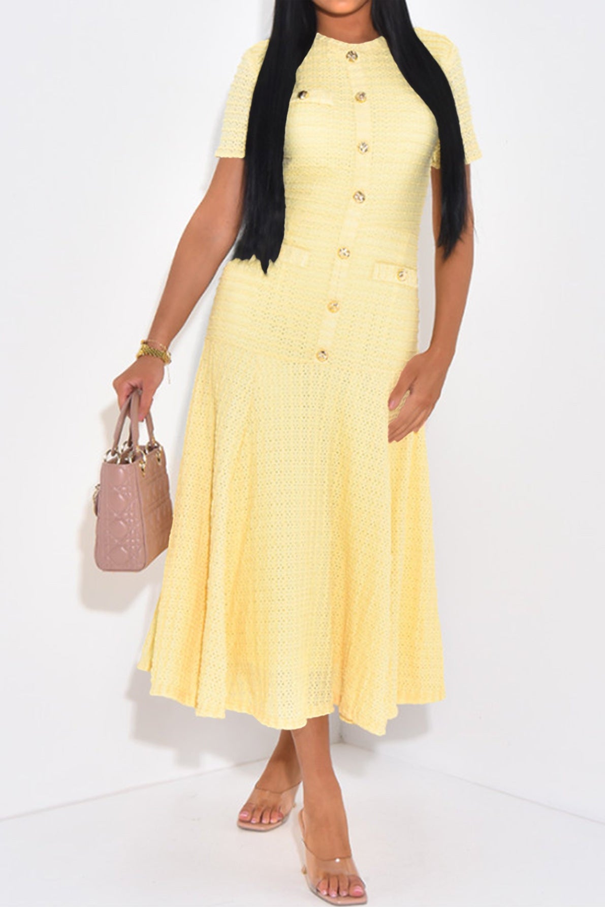 yellow buttons short sleeves maxi dress