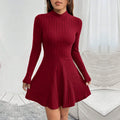 april red High-neck long-sleeved fitted A-line dress