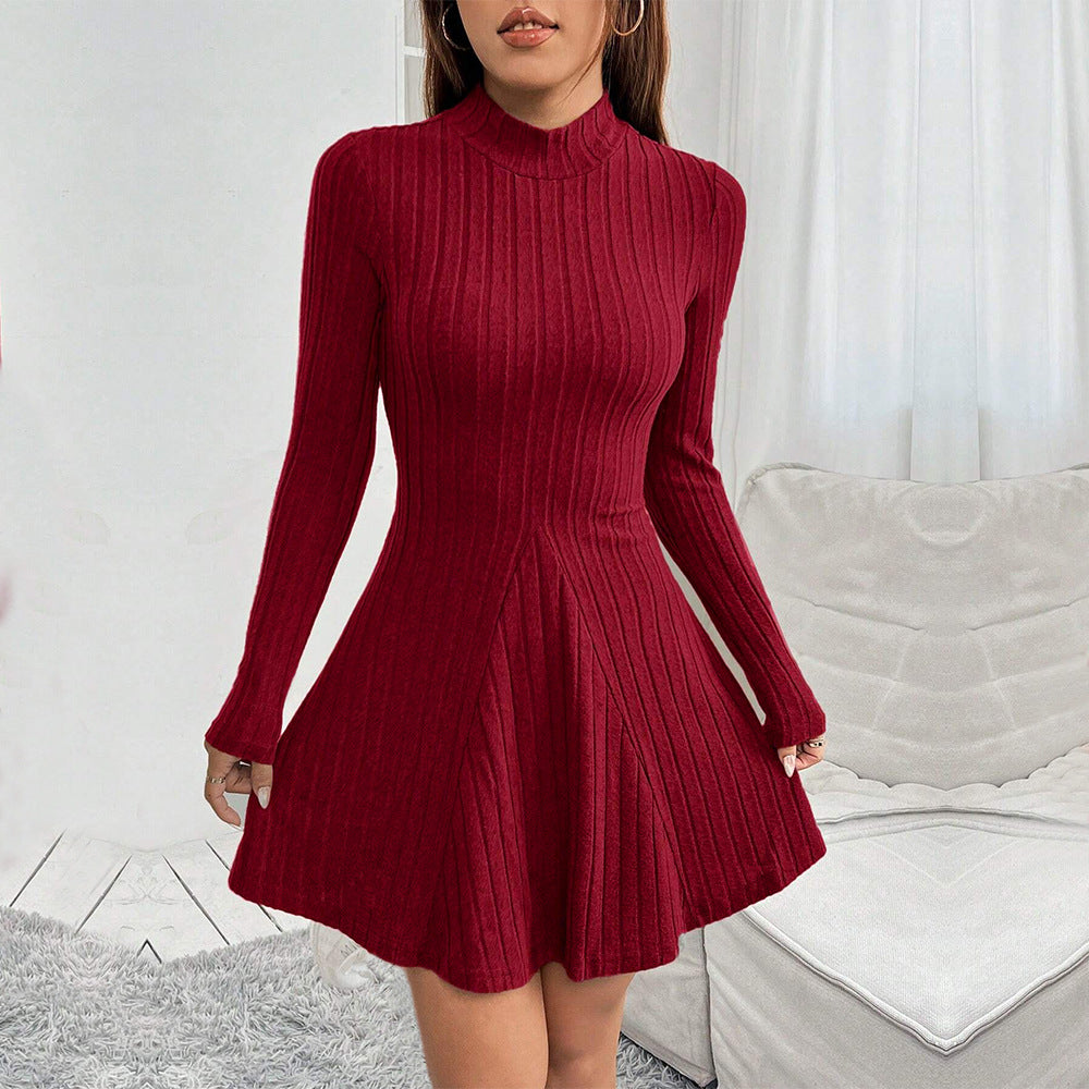 april red High-neck long-sleeved fitted A-line dress