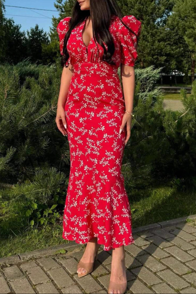 red puff sleeve floral dress