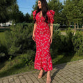 red Puff-sleeved floral print fitted dress
