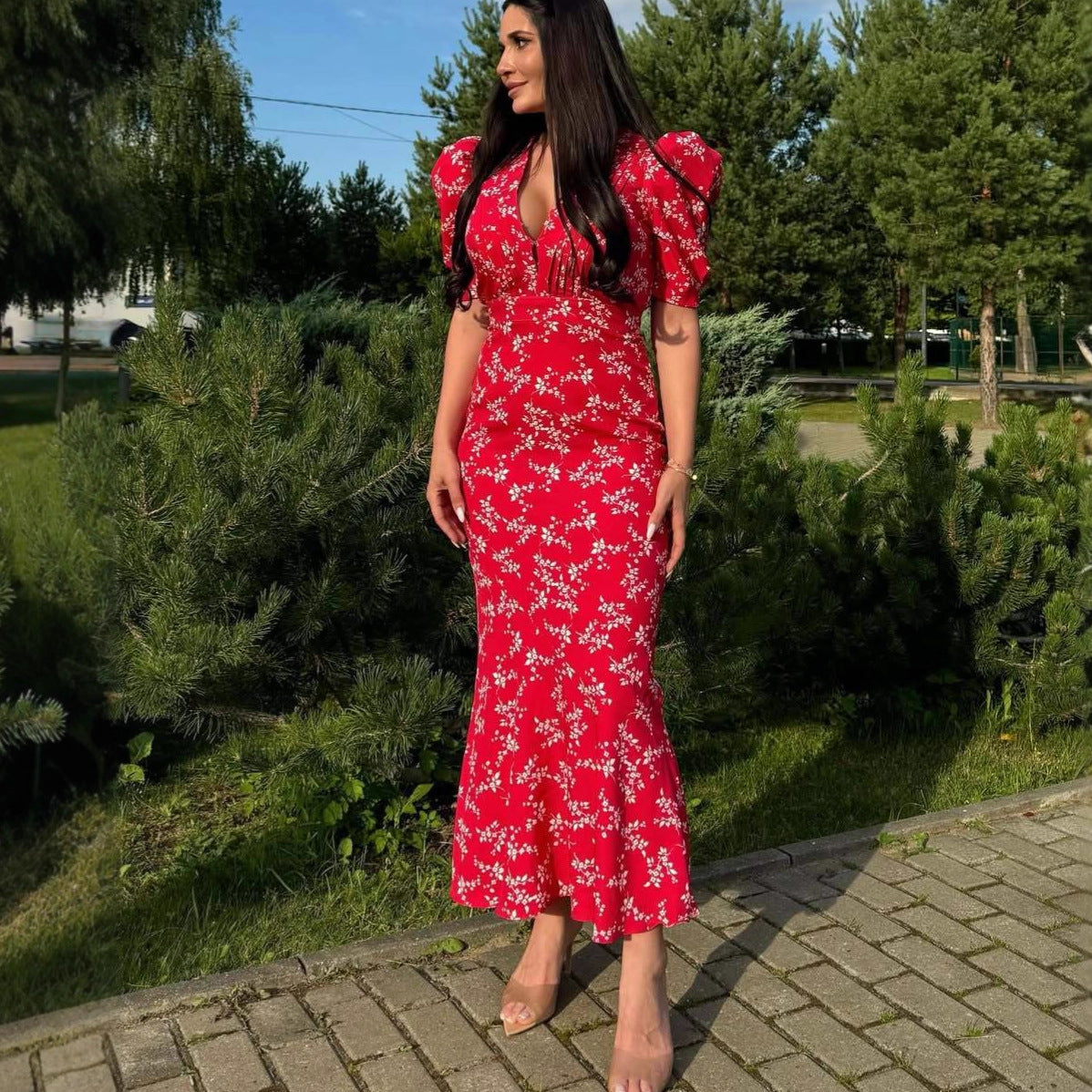 red puff sleeve floral dress