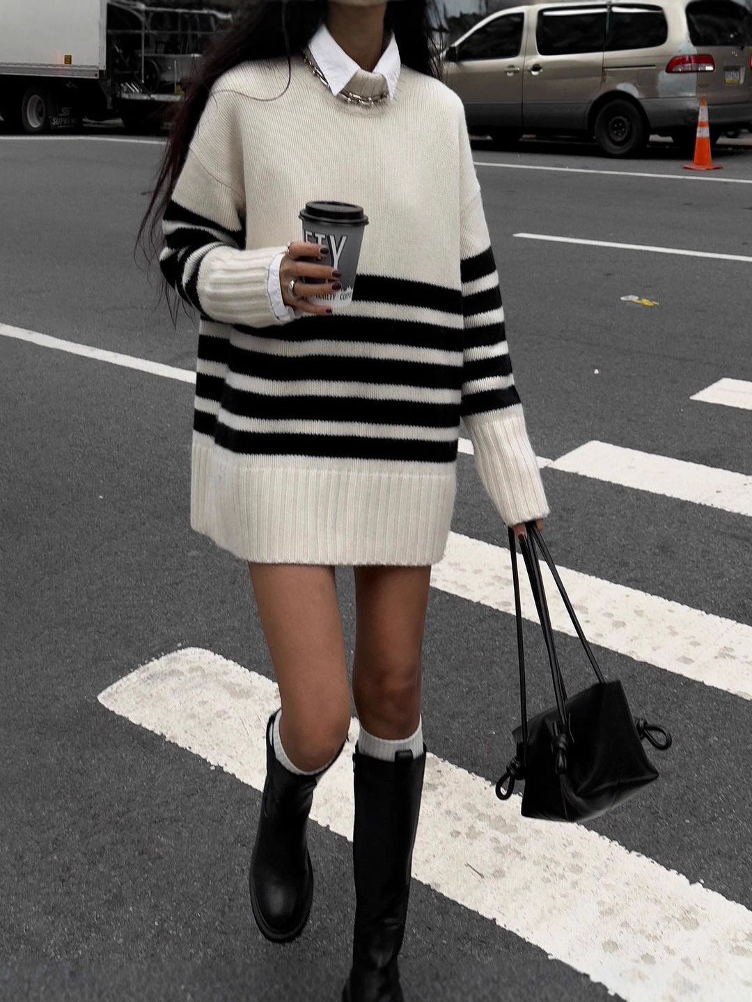 black striped loose knitted sweater
