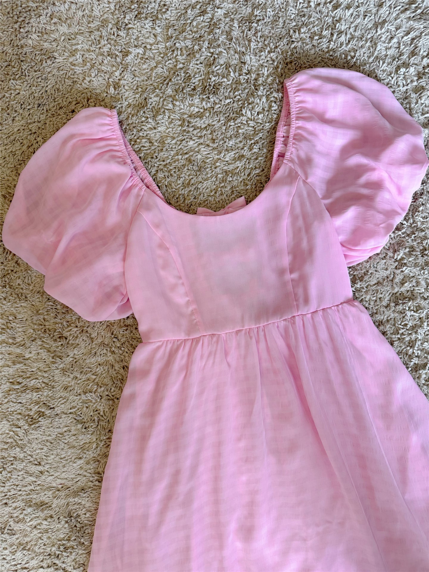 pink backless bow puff sleeve waist mini dress