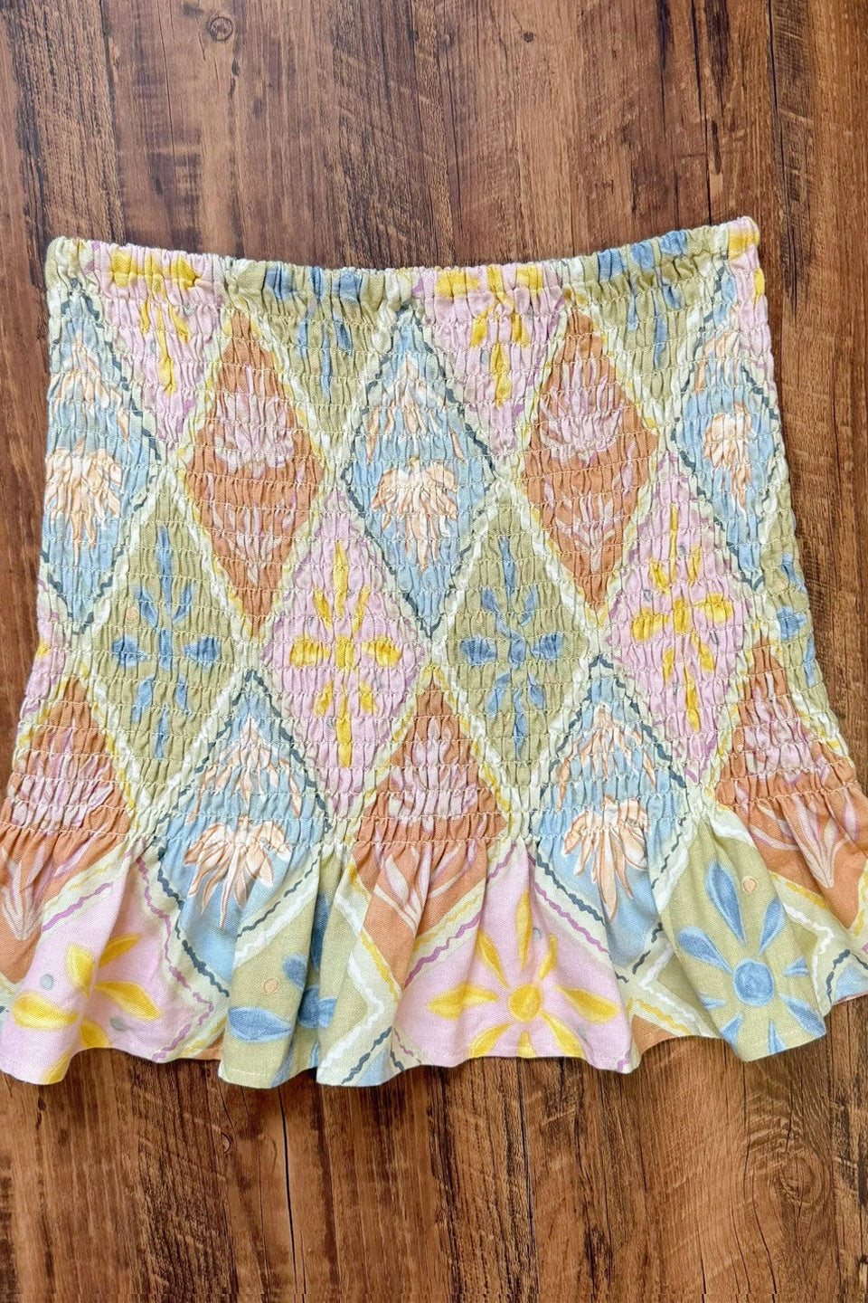 diamond plaid floral pleated elastic hip hugging linen skirt