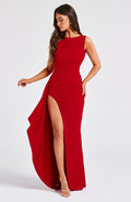 red Round neck high slit backless dress