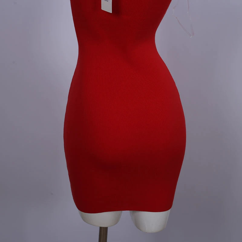 hollow slanted shoulder knitted suspender dress