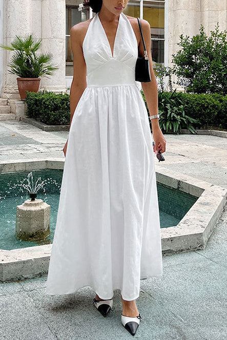 white Deep V-neck halter neck tie backless dress