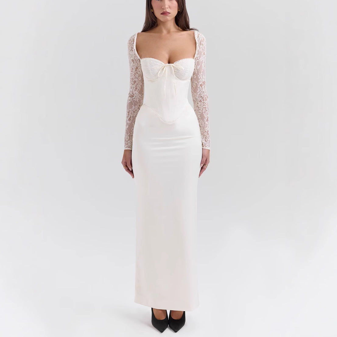 Bodycon lace long-sleeved slim-fit maxi dress - white
