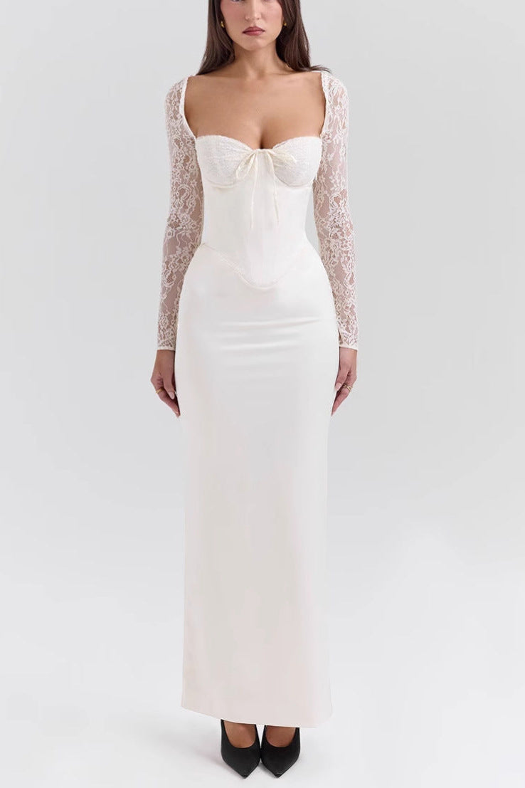 belle white Lace long-sleeved maxi dress