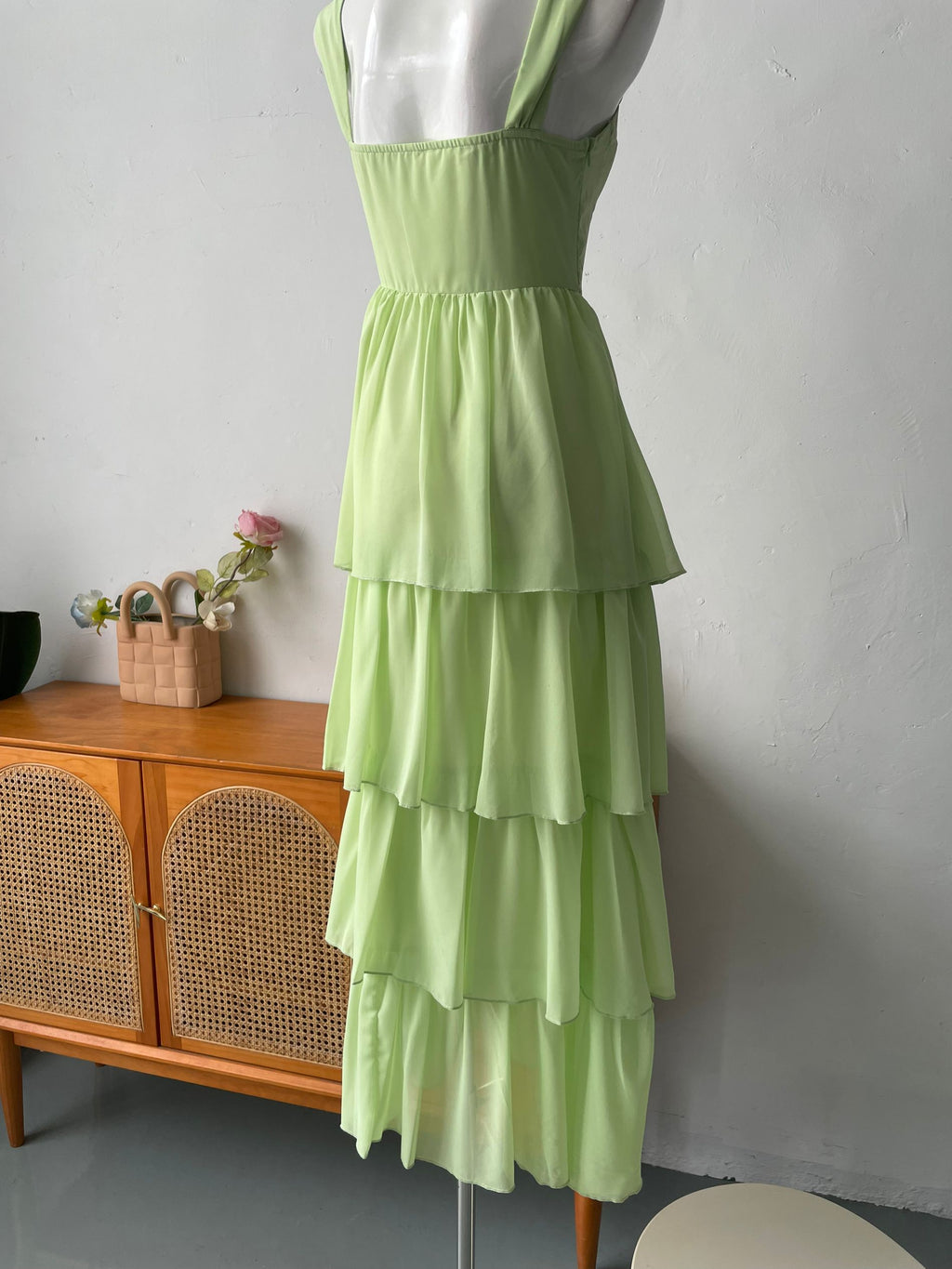 green ruffle suspender midi dress