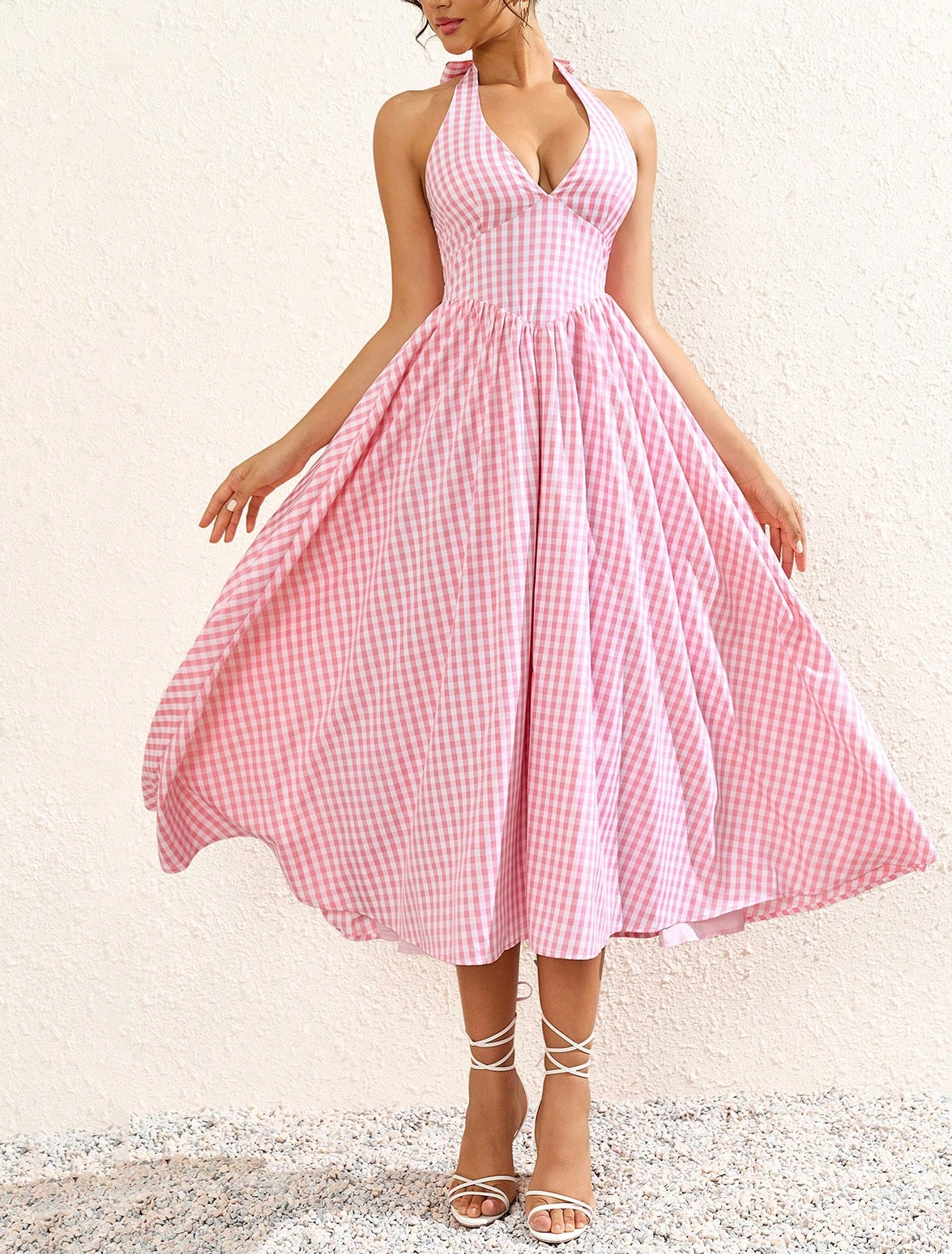 pink checkered halterneck tie sexy V-neck backless slip dress