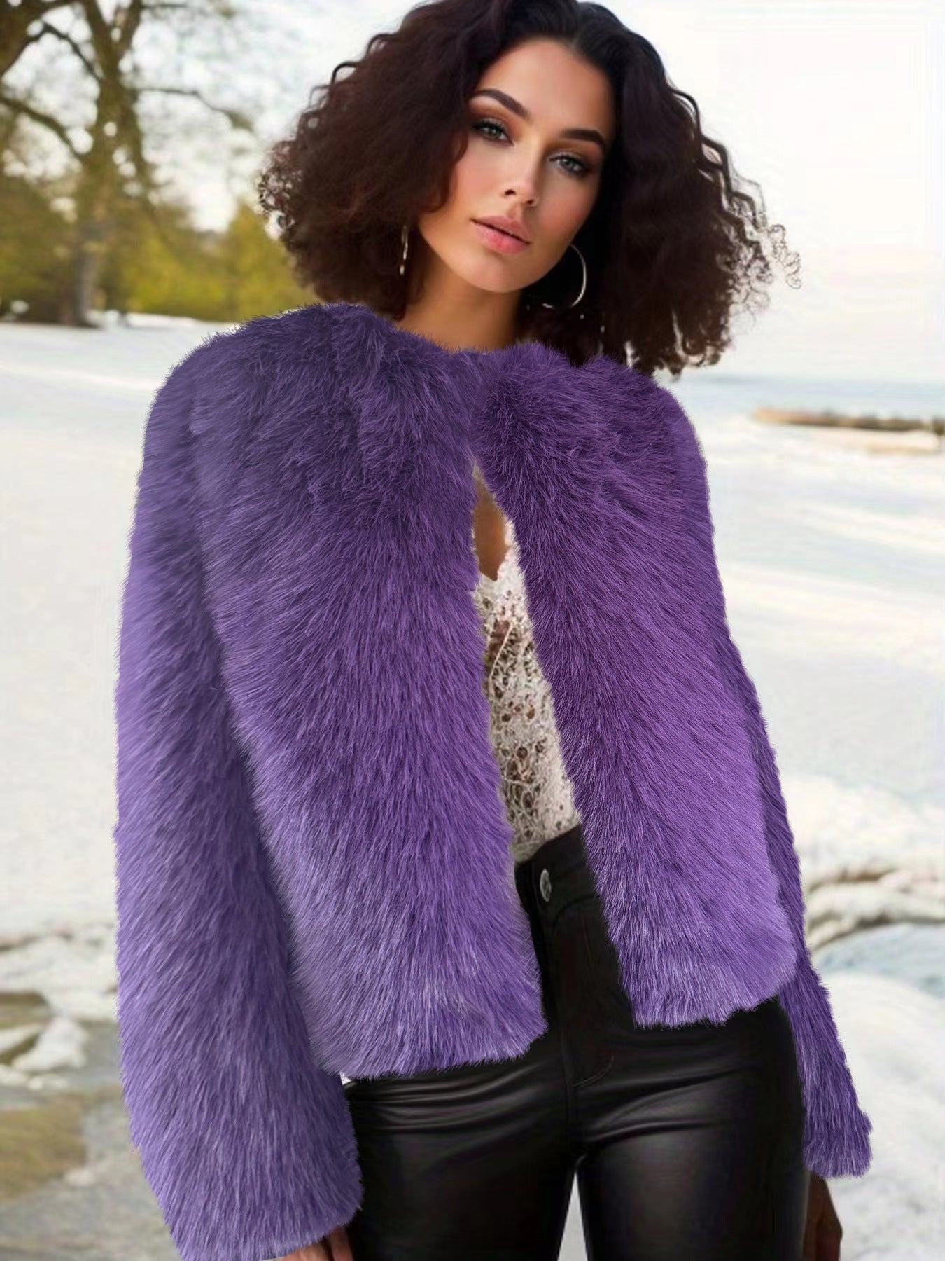 crew neck cropped imitation fur jackets