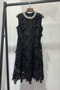 Black Lace Drill-Edge Crew Neck Sleeveless Dress