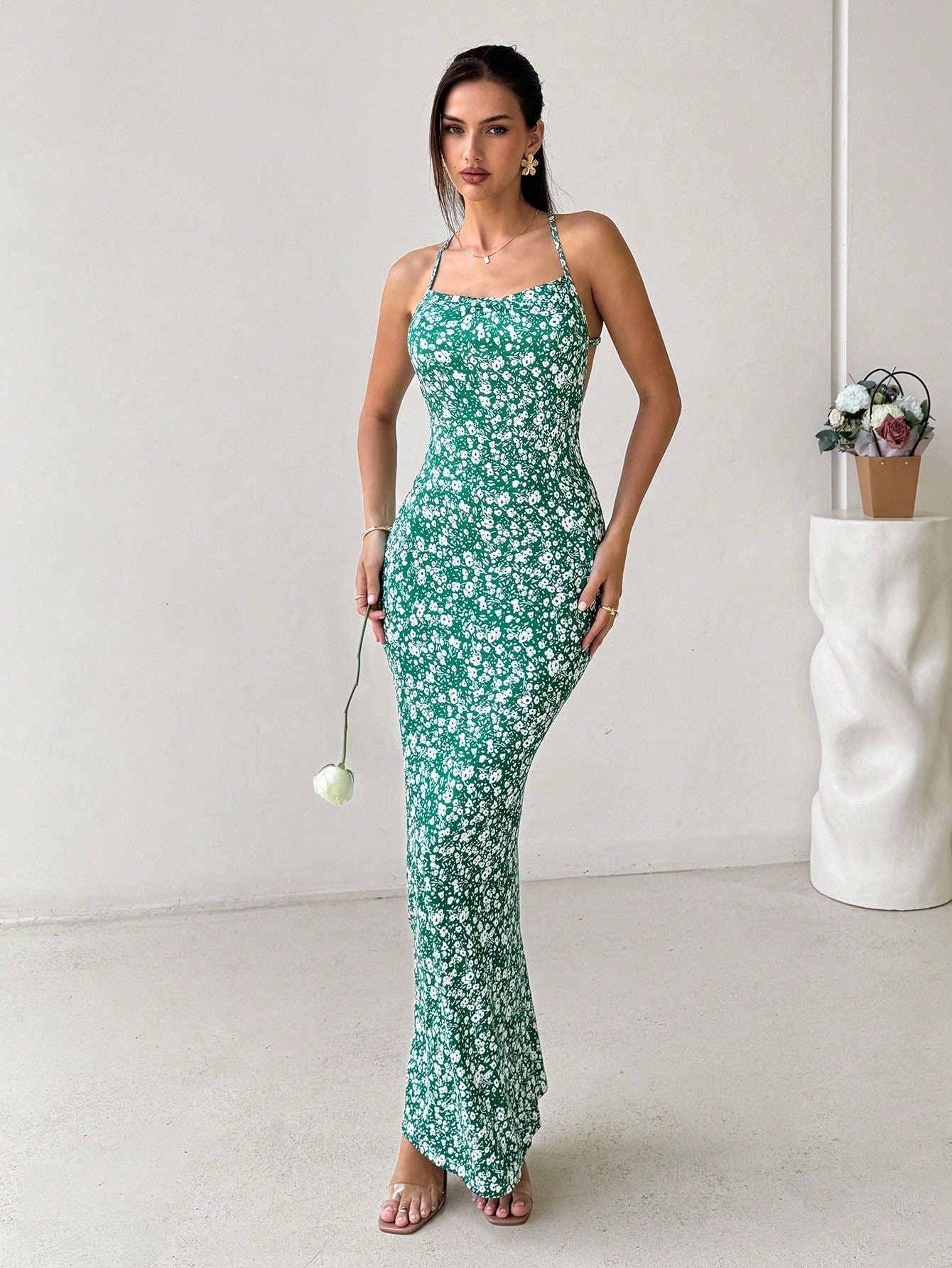 green Backless fishtail floral maxi dress