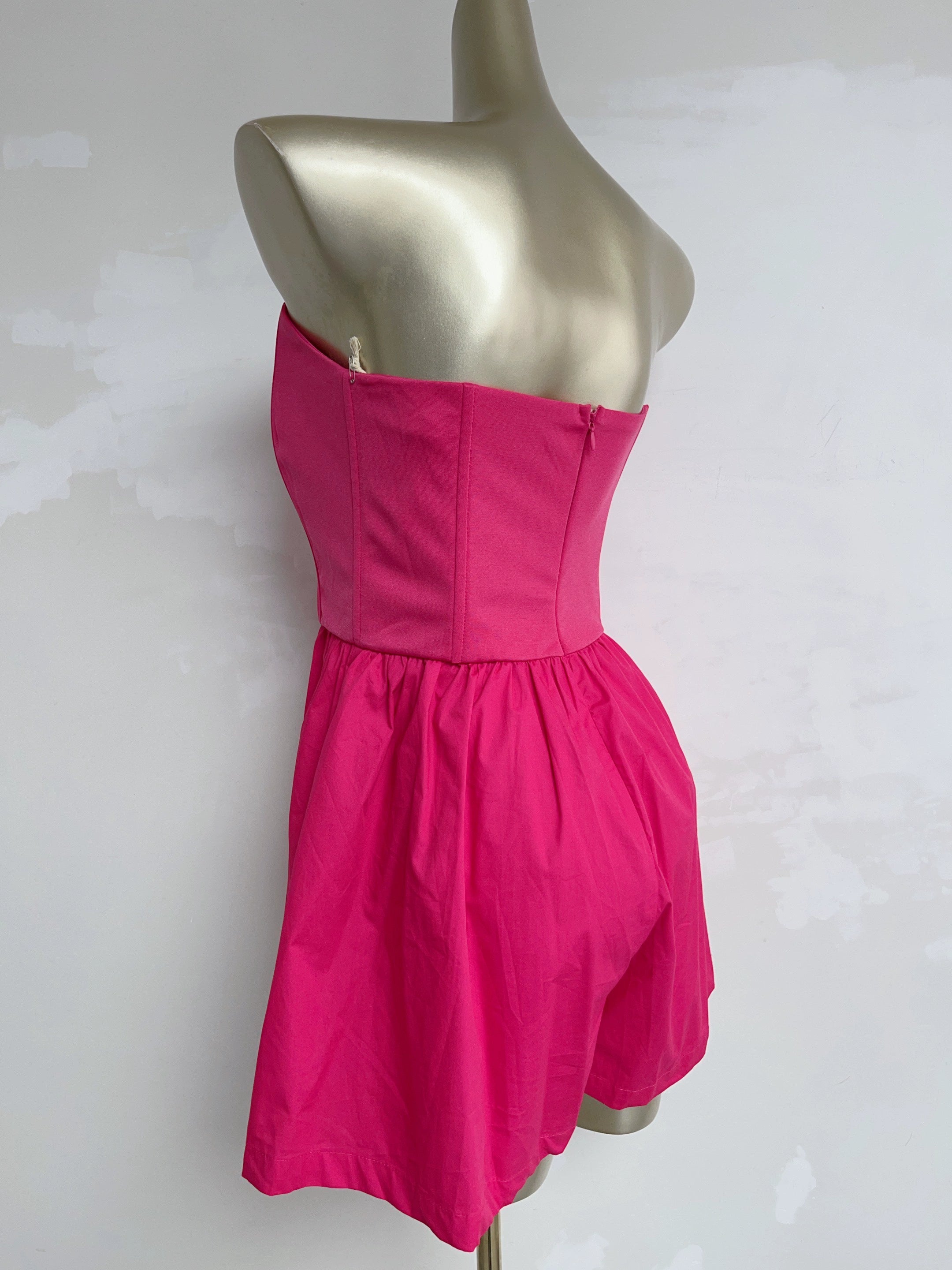 rose red fishbone shaping pinch pleats waist bandeau dress