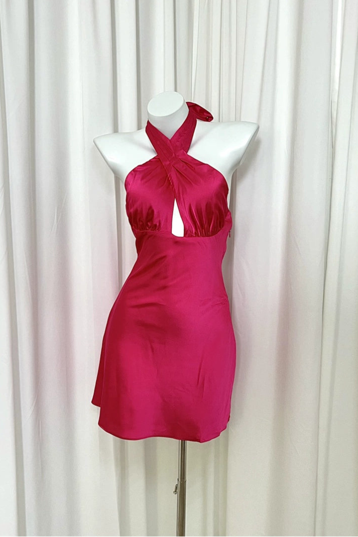 open back waist crossed halterneck satin dress