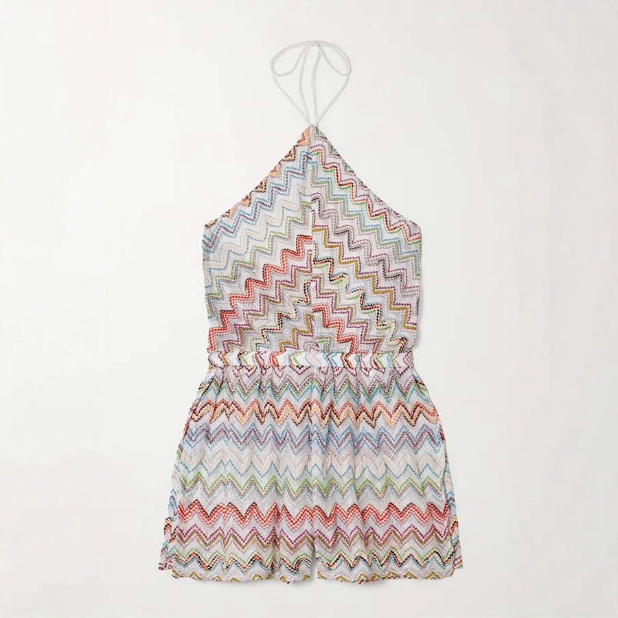 Print Colorful Wave Open Back Halterneck Slit Jumpsuit