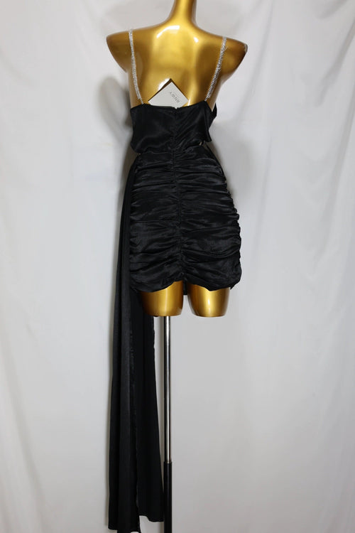 black suspender satin mini dress