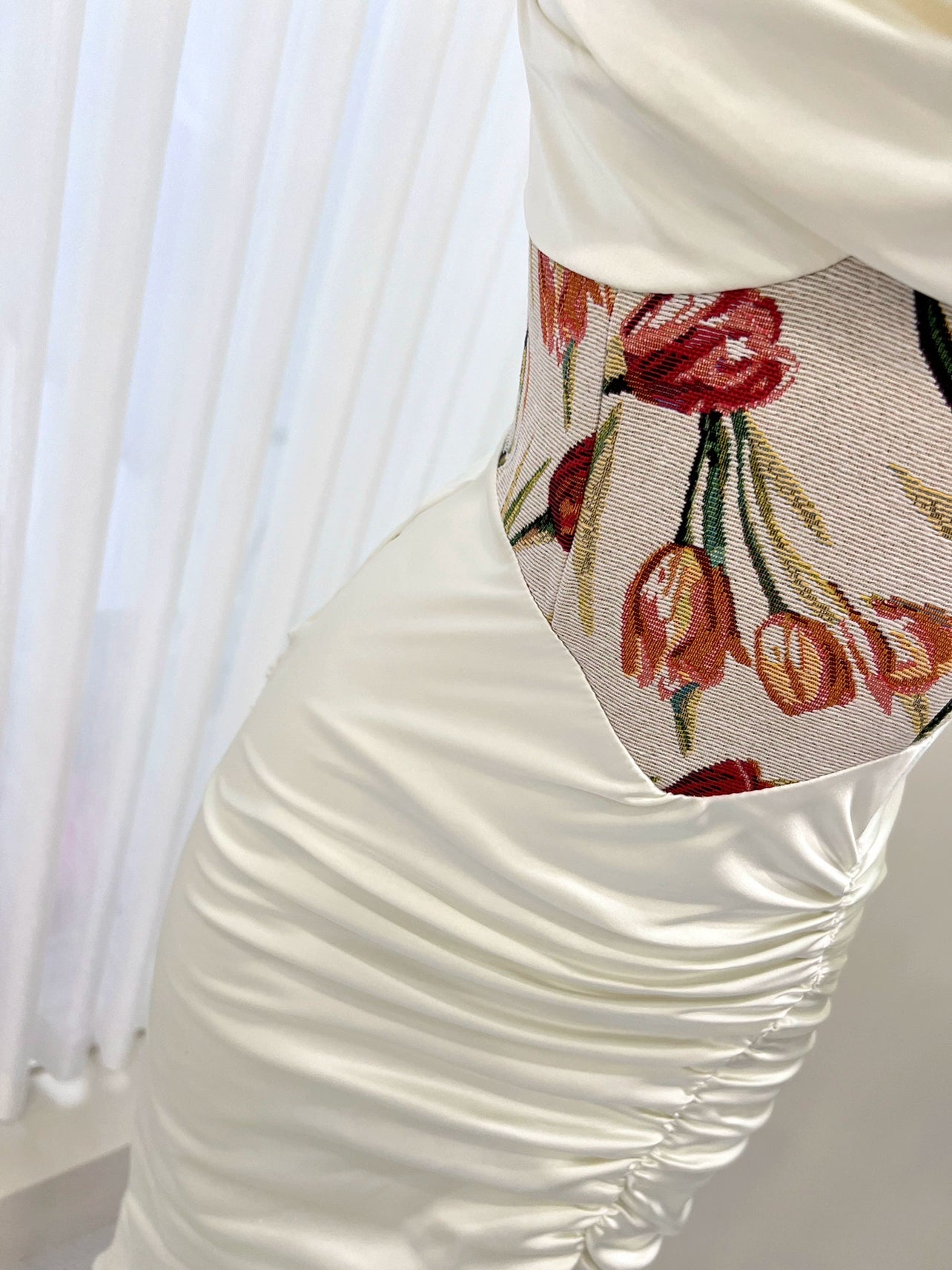 white print satin suspenders dress