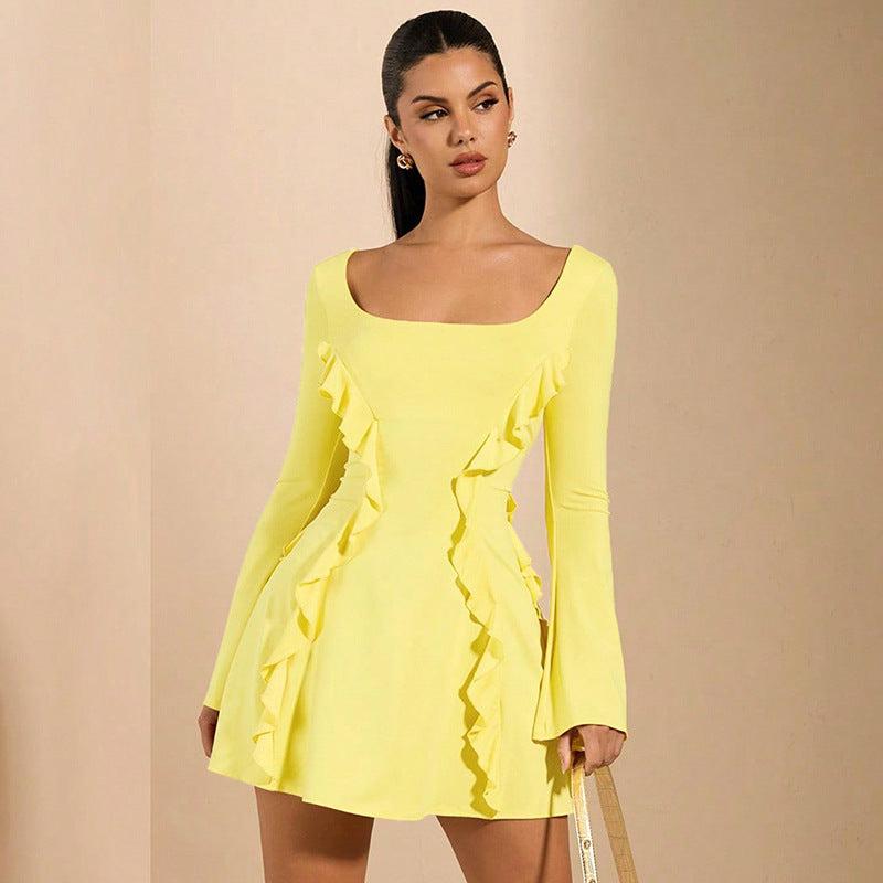 yellow long sleeve 3D lace bodycon dress