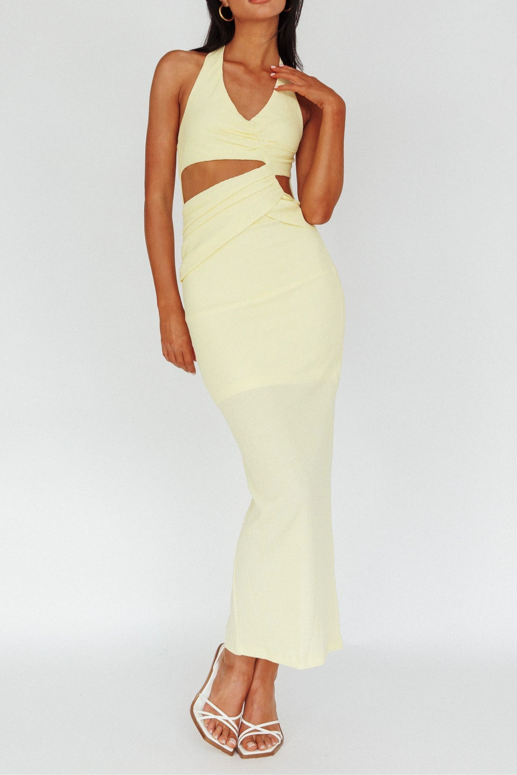 yellow hollow halterneck textured dress