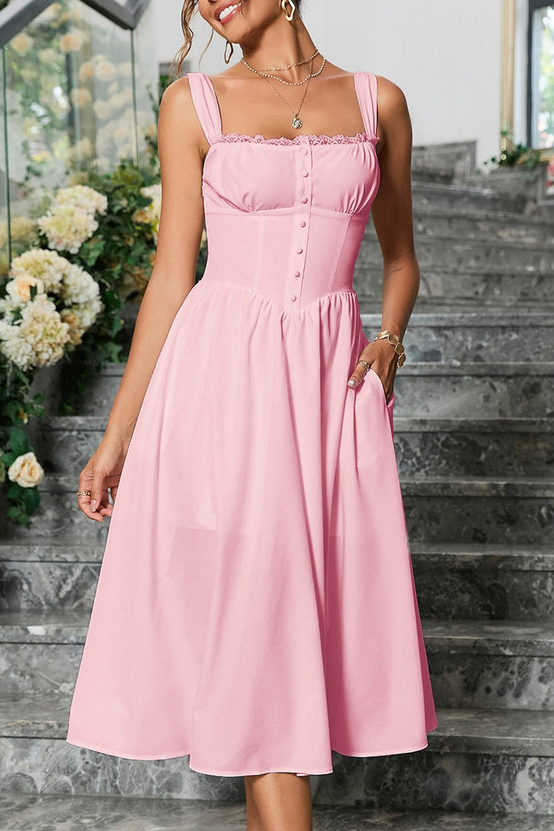 pink suspenders midi dress