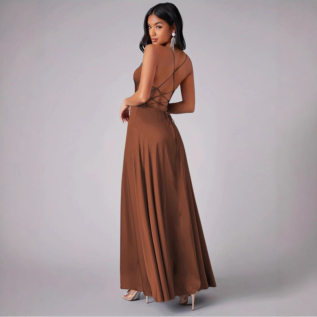 Spaghetti strap slit fitted backless dress