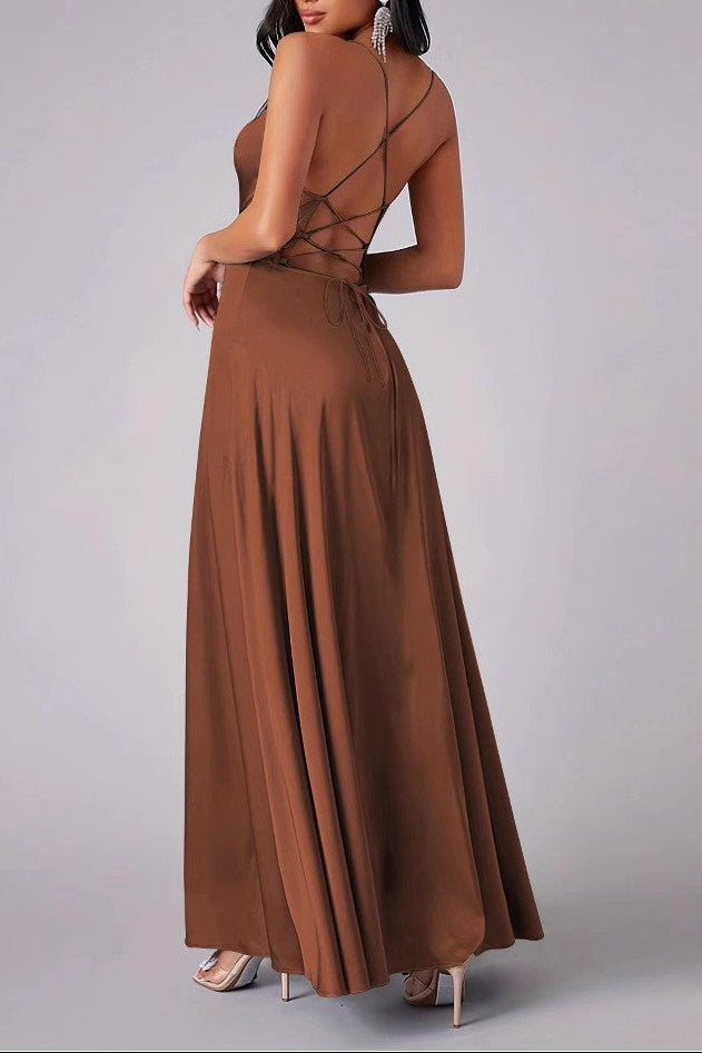 brown Slit-front fitted backless slip dress
