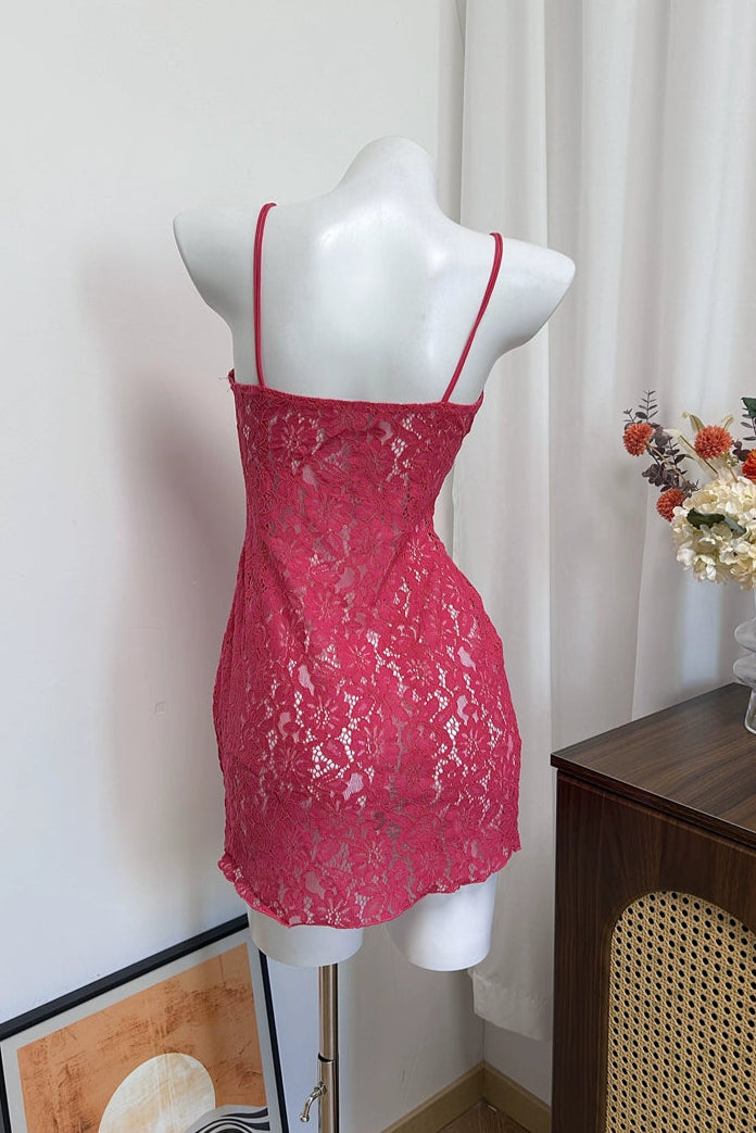 rose pink lace suspender see-through wrapping hips dress