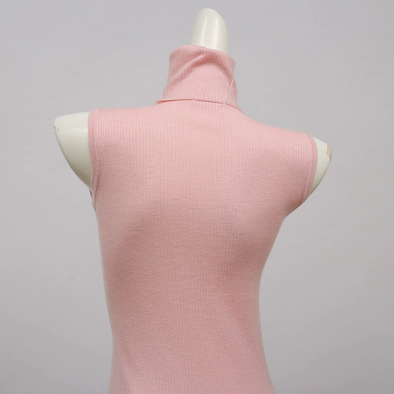 high-neck sleeveless knitted dress