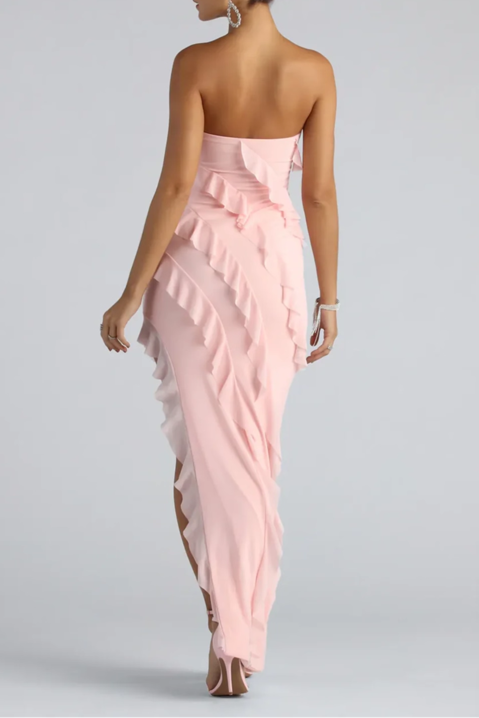 pink multi-layer mesh side wavy bandeau dress